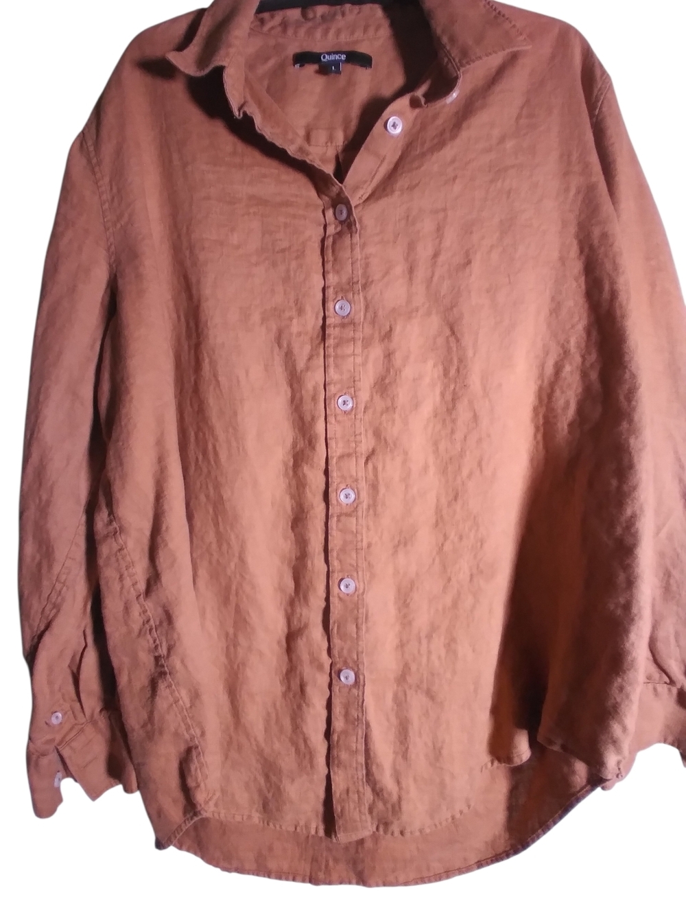 Quince Linen Button-Up Shirt - Rust Brown Button Front Long Sleeve Size L Office